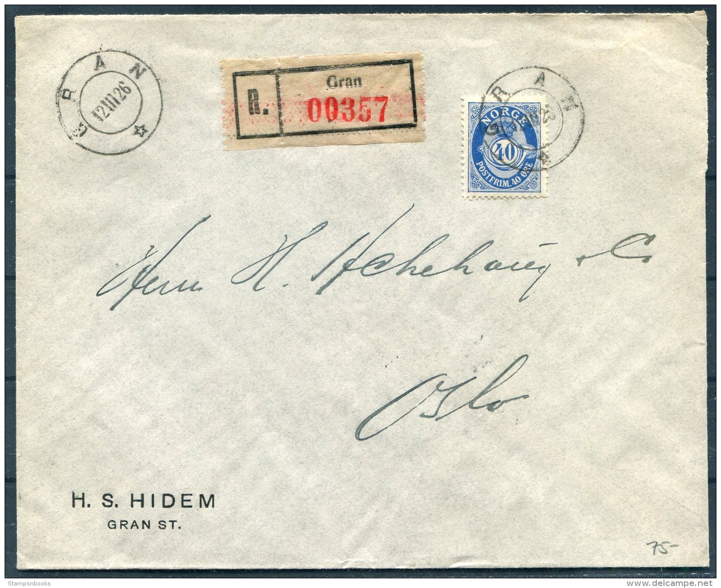 1926 Norway 40 Ore Blue Posthorn Registered Cover Gran - Oslo - Covers & Documents