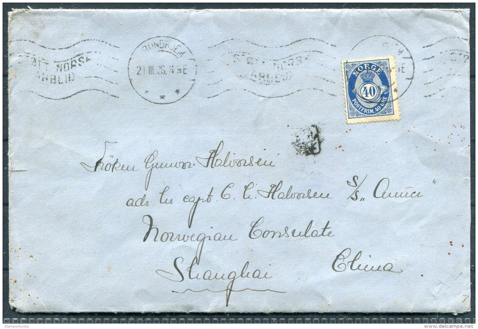 1926 Norway Trondheim 40ore Blue Posthorn Cover Red Cross - Ship Captain, Norwegian Consulate, Shanghai, China - Covers & Documents