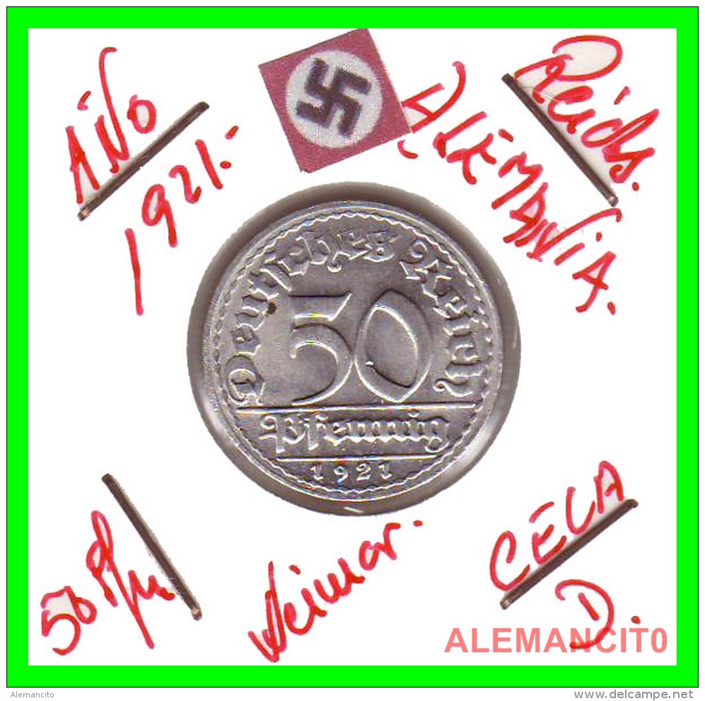 GERMANY - WEIMAR REPUBLIC - 50 PFENNIG - AÑO 1921-D  Aluminum - 50 Rentenpfennig & 50 Reichspfennig