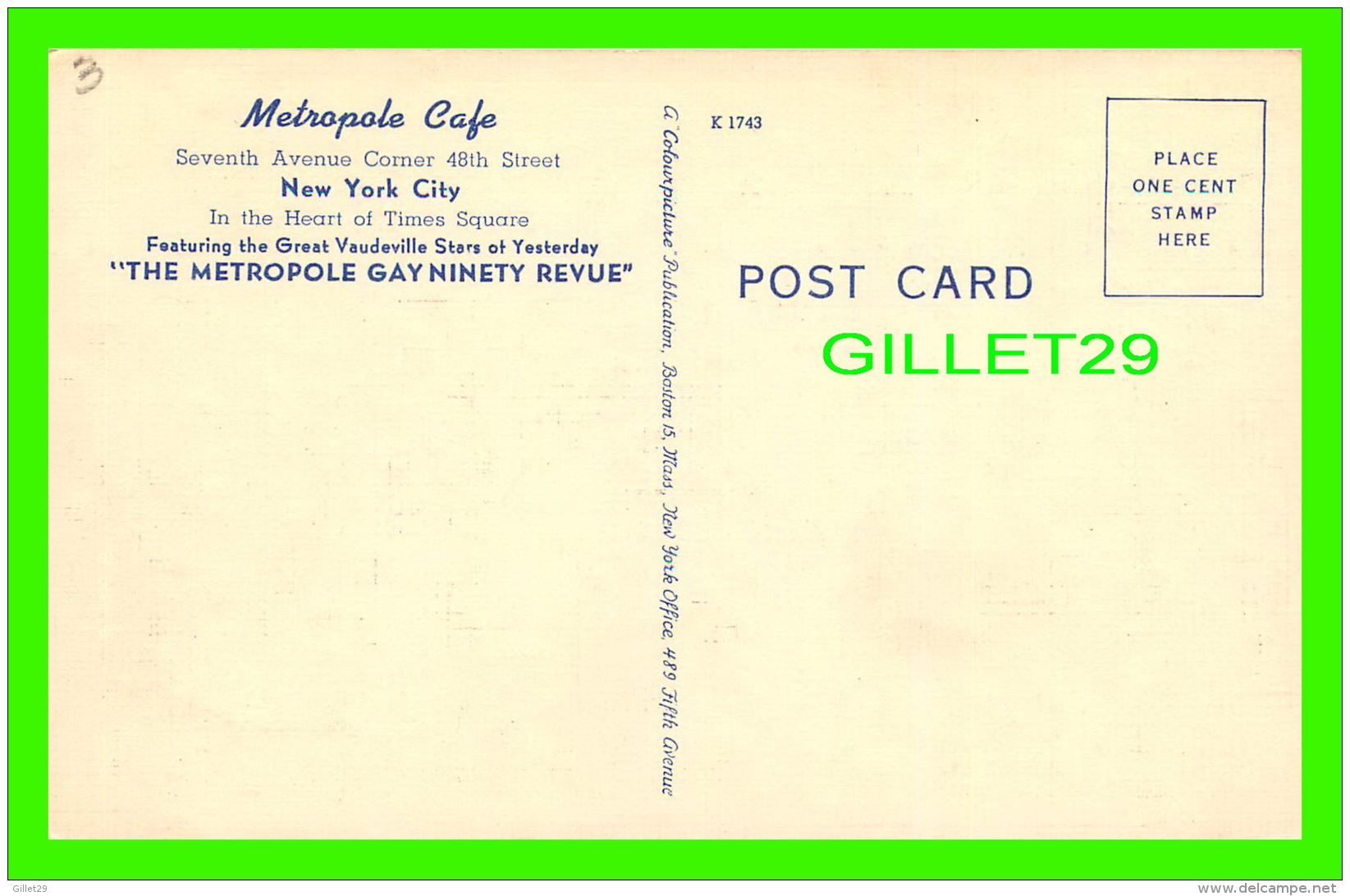 NEW YORK CITY, NY - METROPOLE CAFE - "THE METROPOLE GAY NINETY REVUE" - - Time Square