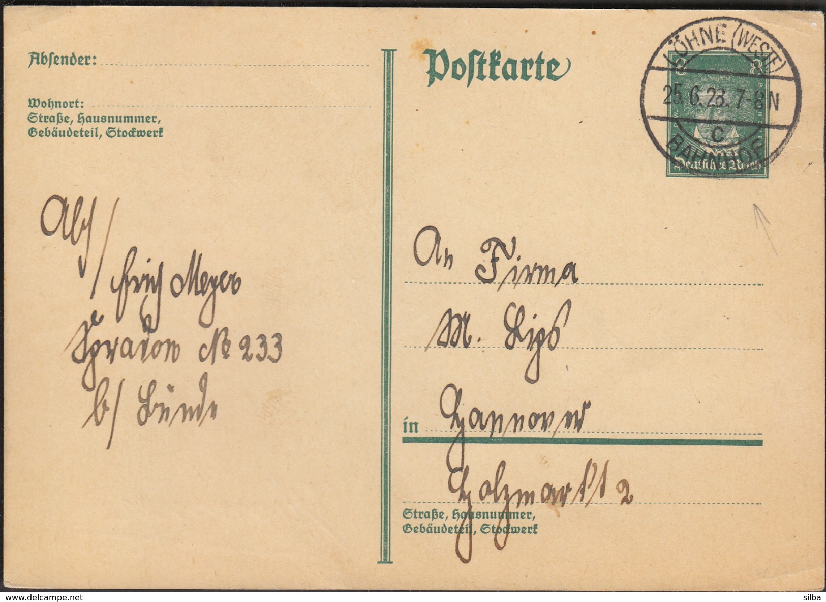 Germany  Deutsches Reich Löhne (Westf.) Bahnhof 25. 6. 1928 / Postal Stationery, Ganzsache - Sonstige & Ohne Zuordnung