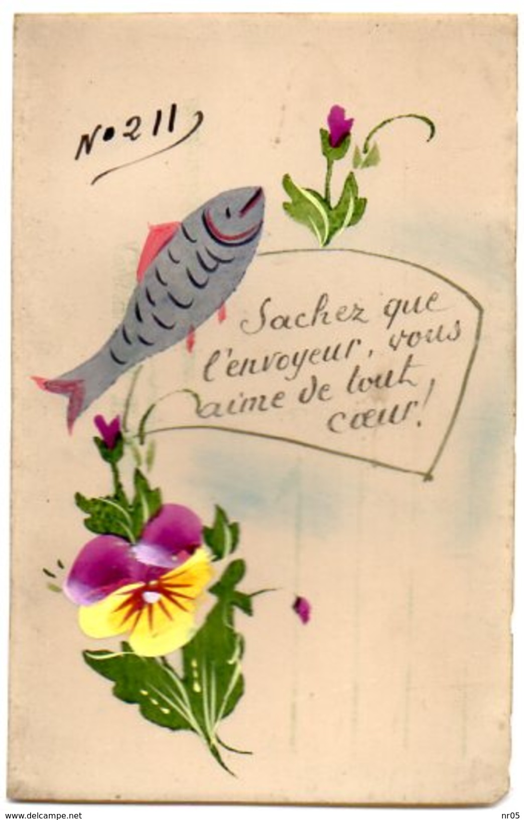 CPA FANTAISIE En CELLULOID Numerotée Avec Poisson Et Fleurs Peintes Et Message - April Fool's Day