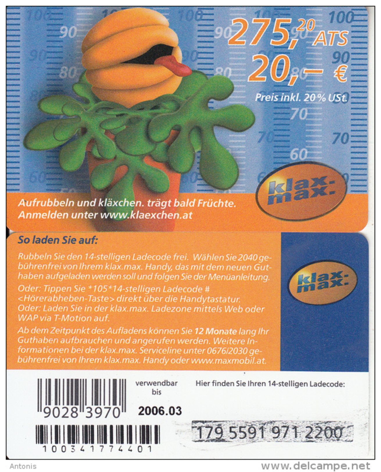 AUSTRIA - Klax Max Prepaid Card 275.20 ATS/20 Euro(glossy), Exp.date 03/06, Used - Oesterreich