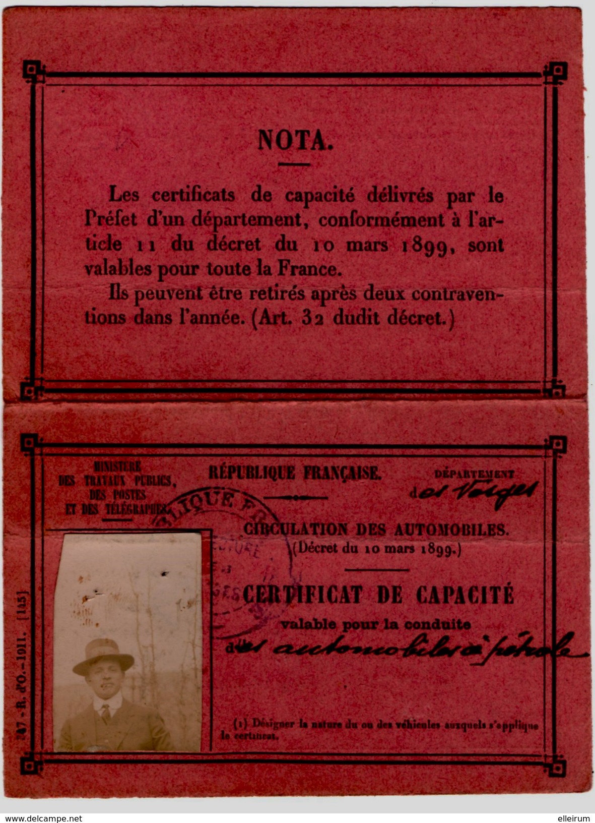 EPINAL (88) LA NEUVEVILLE-les-RAON (88) CERTIFICAT De CAPACITE VALABLE Pour La CONDUITE Des AUTOMOBILES à PETROLE. 1913. - Autres & Non Classés