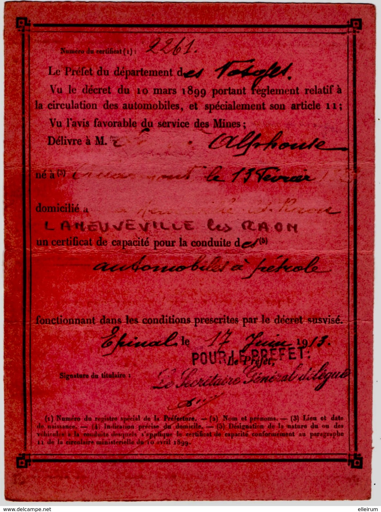 EPINAL (88) LA NEUVEVILLE-les-RAON (88) CERTIFICAT De CAPACITE VALABLE Pour La CONDUITE Des AUTOMOBILES à PETROLE. 1913. - Autres & Non Classés