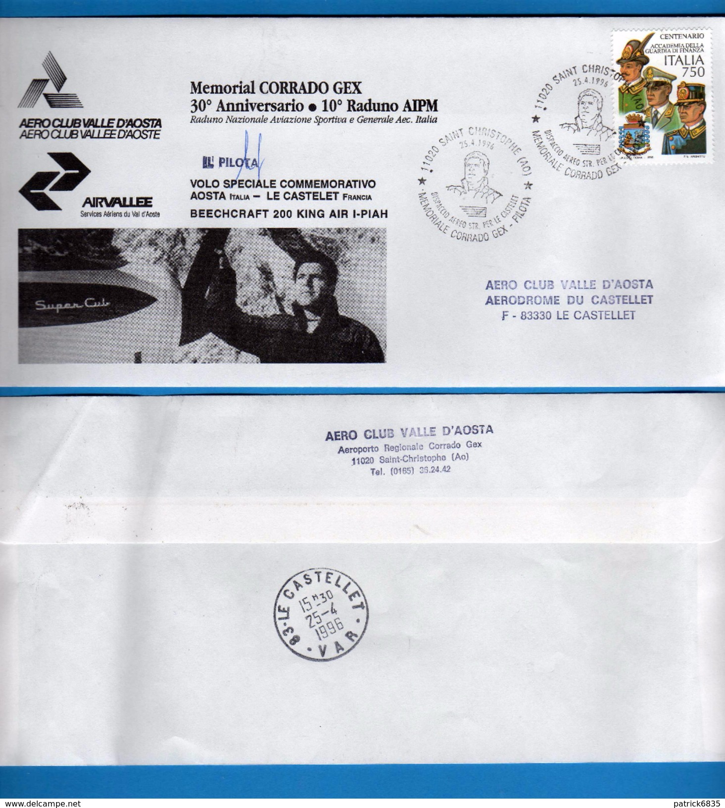 1996 / Memorial CORRADO GEX. Busta Volo Postale Comm. AOSTA - CASTELET Firnata Dal PIlota RARA - Accidents