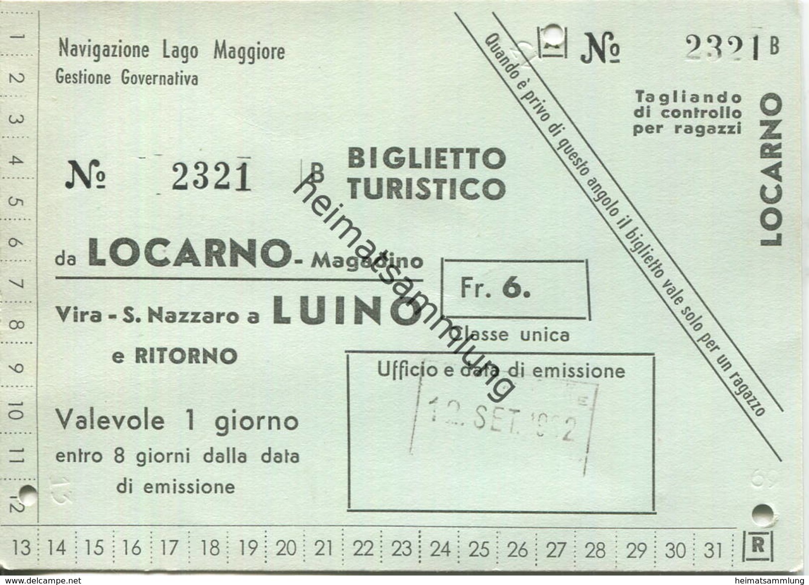 Schweiz - Biglietto Turistico Da Locarno - Magadino - Tages-Fahrkarte 1962 Fr. 6.- - Europa