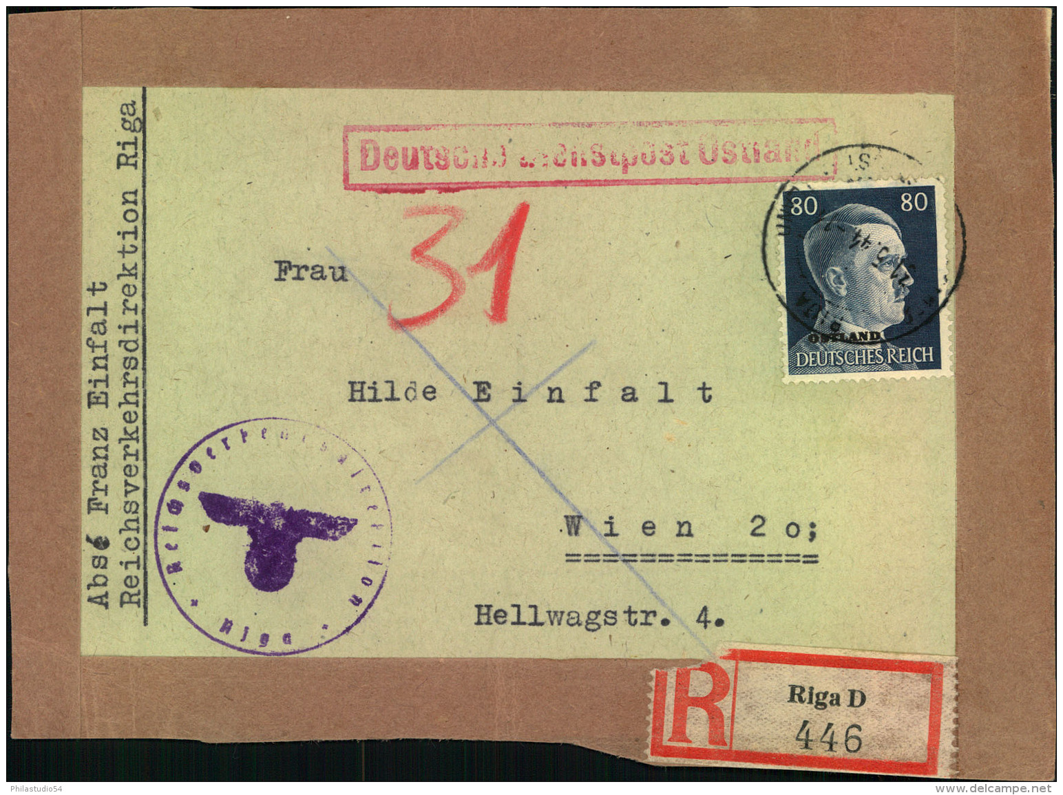 1944, Paketadresse Ab RIGA Mit 80 Pfg. Hitler - Besetzungen 1938-45