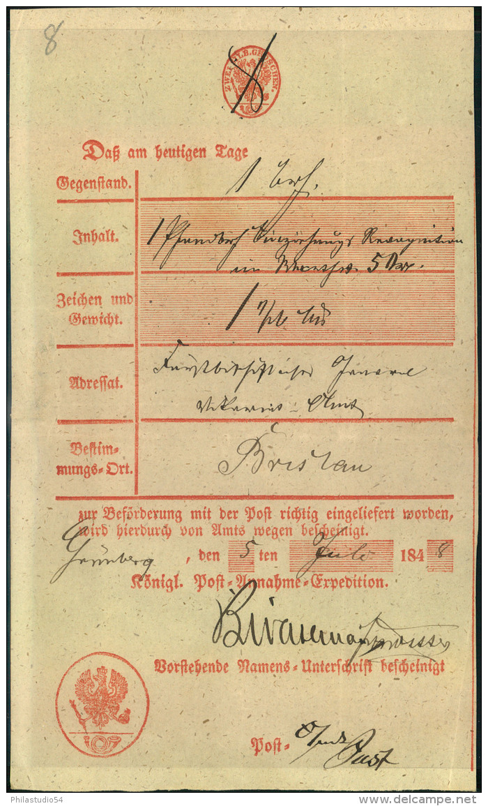 1848/1864, Drei Verschiedene Postscheine Von GRÜNBERG (Schlesien). Dabei Ortsdruck, Handschriftlich Und Ra2. Alle Schein - Lettres & Documents