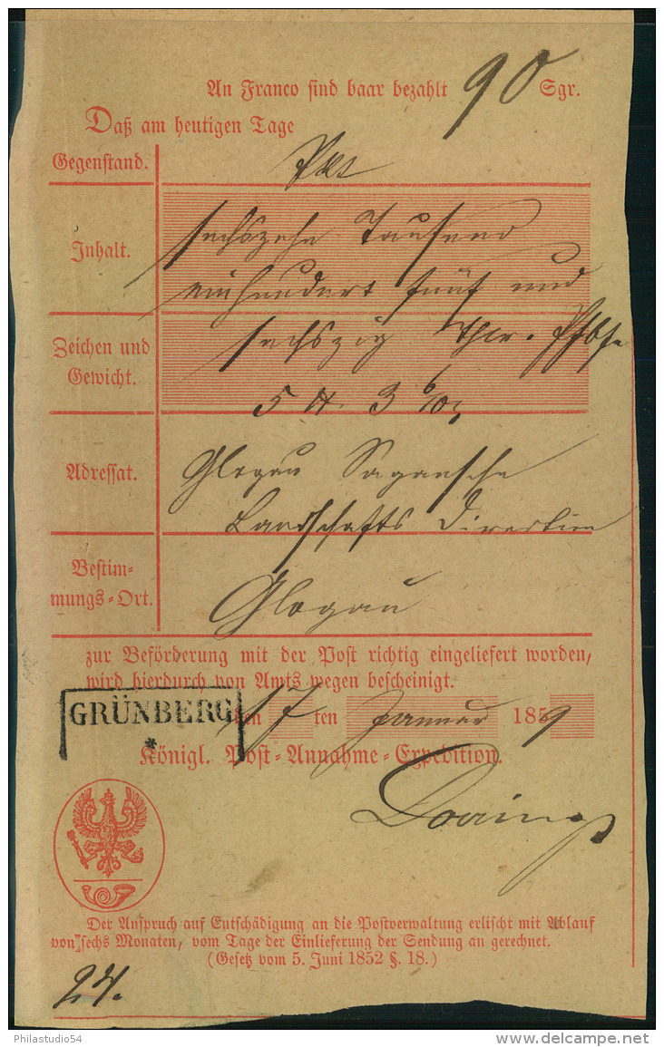 1848/1864, Drei Verschiedene Postscheine Von GRÜNBERG (Schlesien). Dabei Ortsdruck, Handschriftlich Und Ra2. Alle Schein - Brieven En Documenten