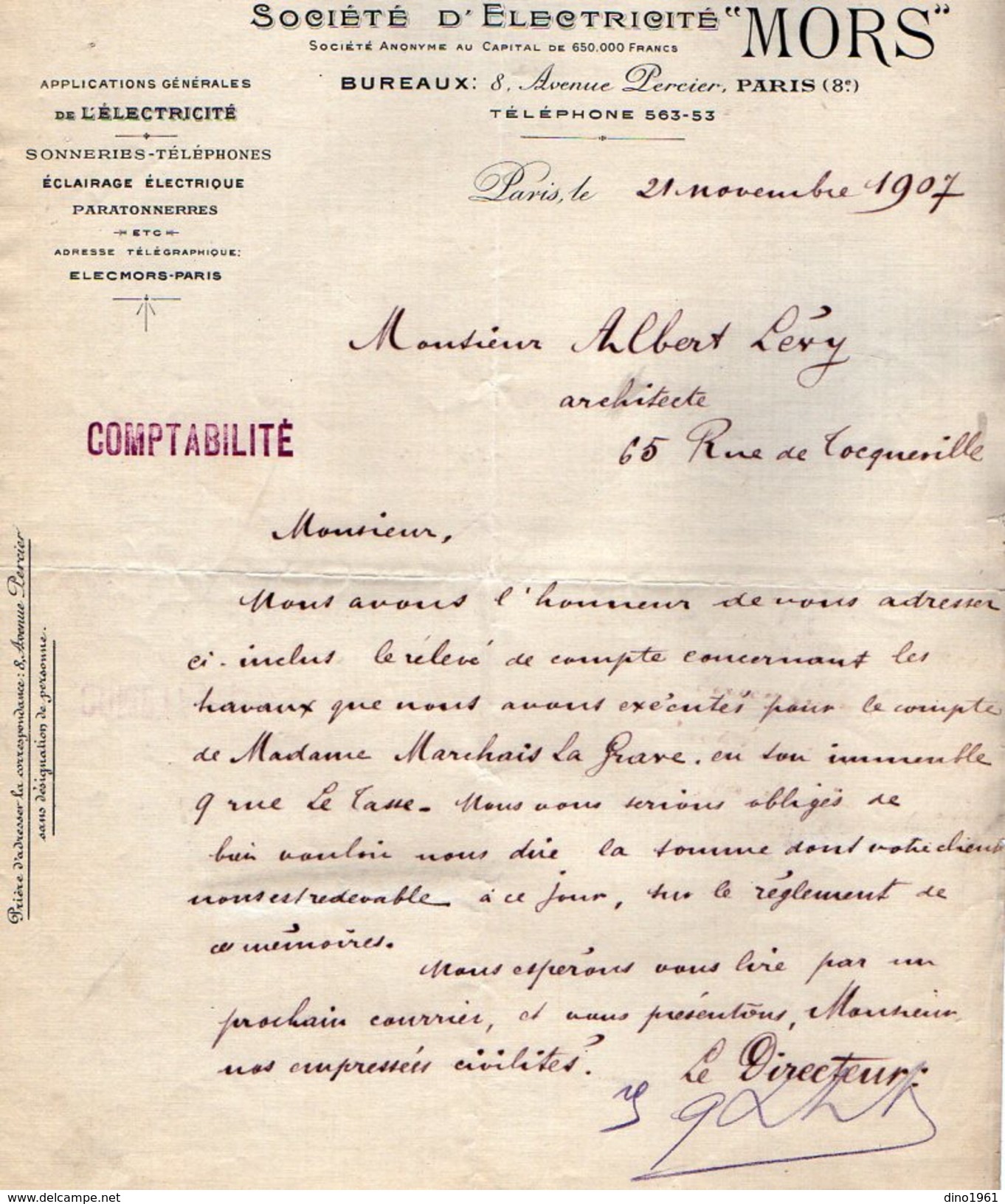 VP9613 - Lettre - Société Anonyme D'Electricité ¨ MORS ¨ à PARIS Avenue Percier - Electricity & Gas