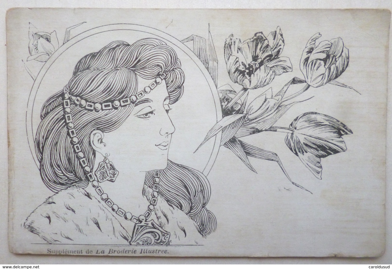 Litho Art Nouveau Dos Bleu ILLUSTRATEUR Kosa Mucha ? Portrait Femme Et Tulipe Art Nouveau Suppl. Broderie Illustree - Avant 1900