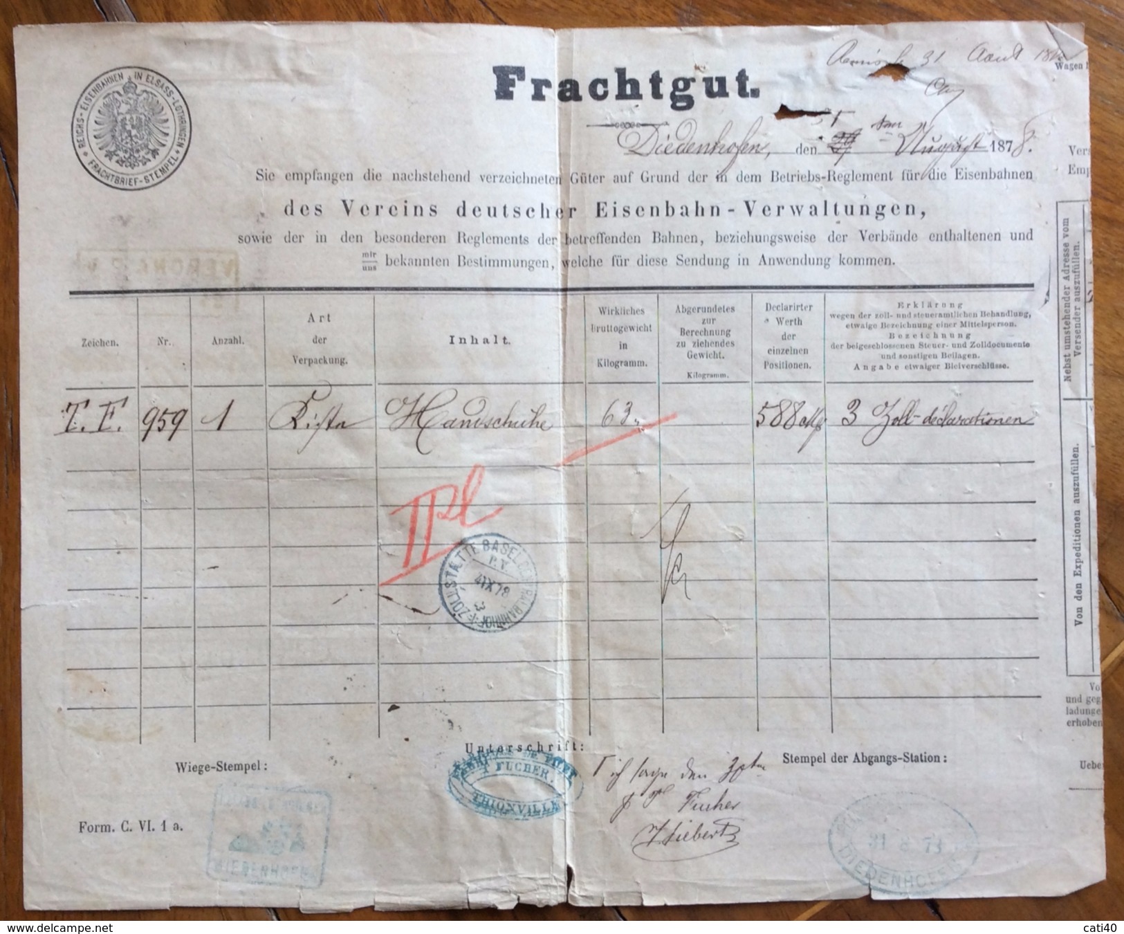 FRANCIA  DIEDENHOFEN  MARCHE DA BOLLO SU DOCUMENTO DI VIAGGIO  DEL 1878 - Trasporti