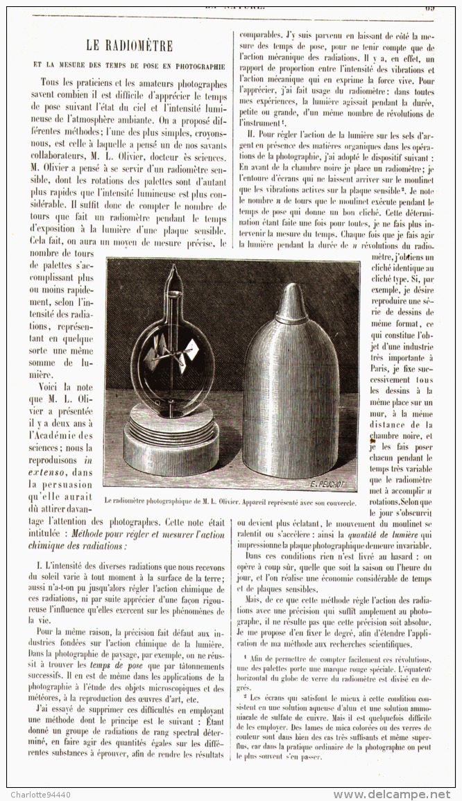 LE RADIOMETRE  " Et La Mesure Des Temps De Pose En Photographie "  1887 - Other & Unclassified