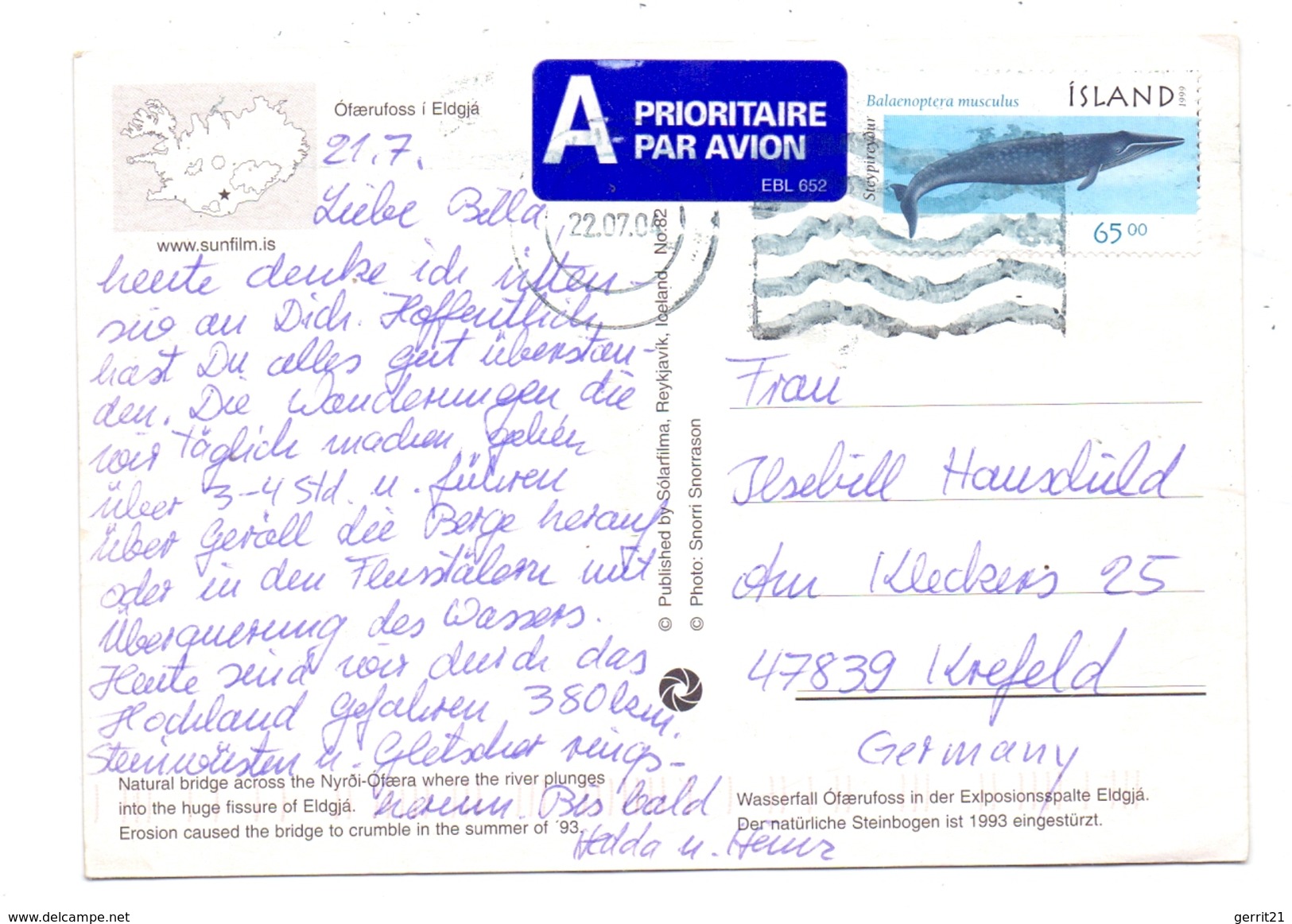 ISLAND, 1999, Michel 907, AK-Einzelfrankatur - Lettres & Documents