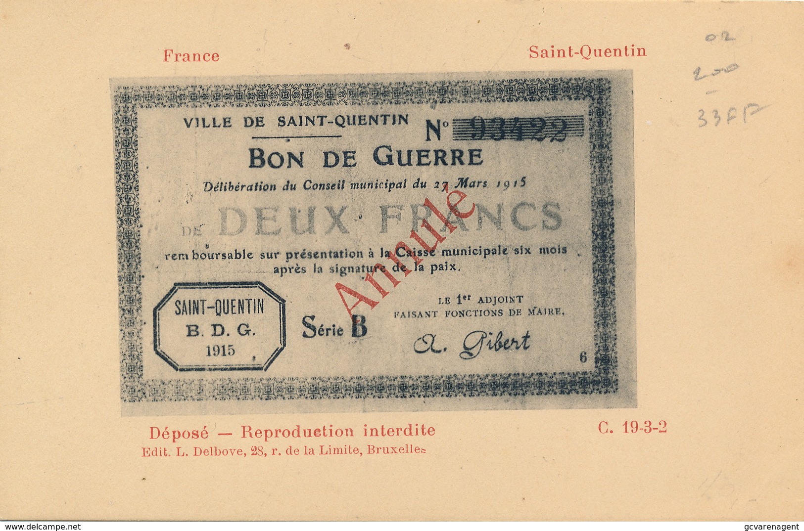 FRANCE - SAINT QUENTIN  DEUX FRANCS - BON DE GUERRE - Monnaies (représentations)