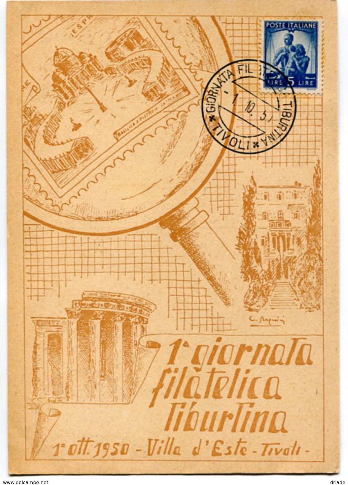 CARTOLINA PRIMA GIORNATA FILATELICA TIBURTINA VILLA D'ESTE TIVOLI ROMA ANNO 1950 CON ANNULLO LIRE 5 - Demonstrationen