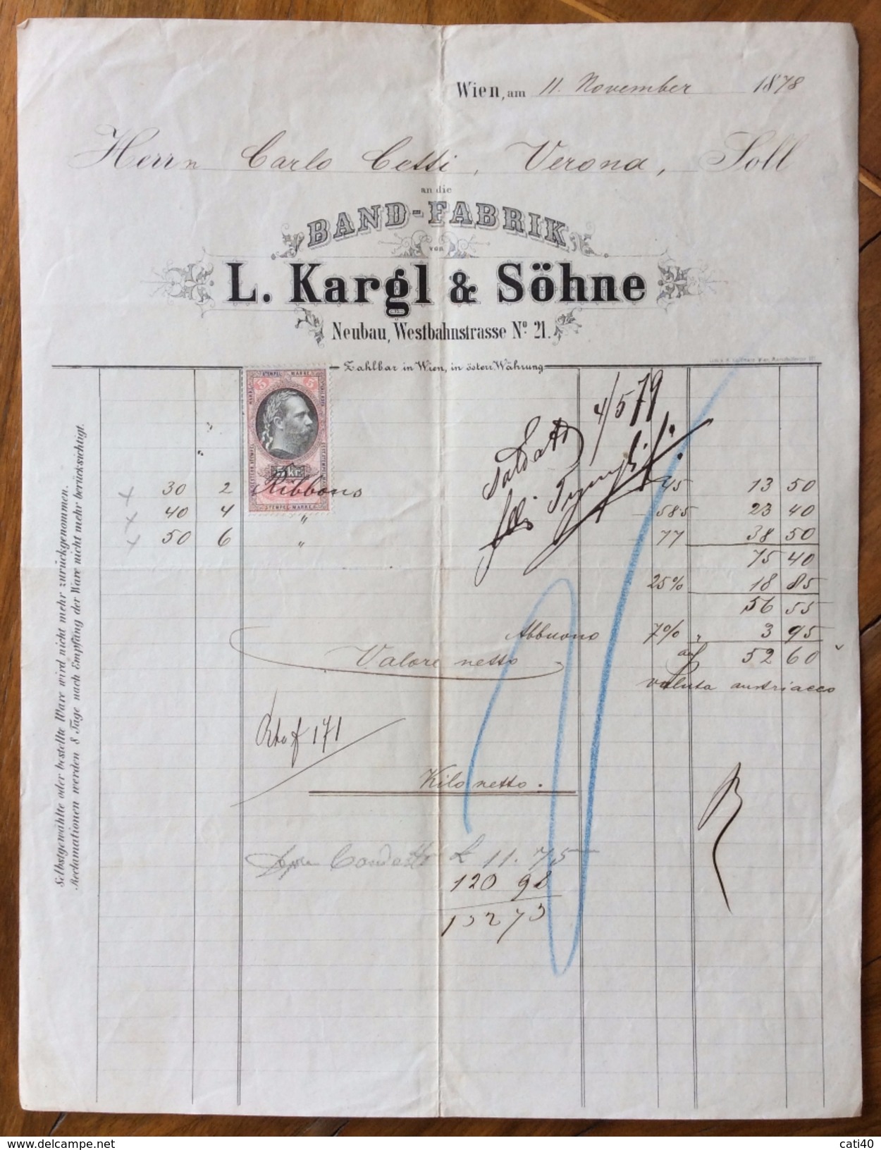 FATTURA PUBBLICITARIA   BAND-FABRIK L.KARGL & SOHNE   WIEN Chincaglierie E Galanterie In  DEL 1865 CON MARCA DA BOLLO - Austria