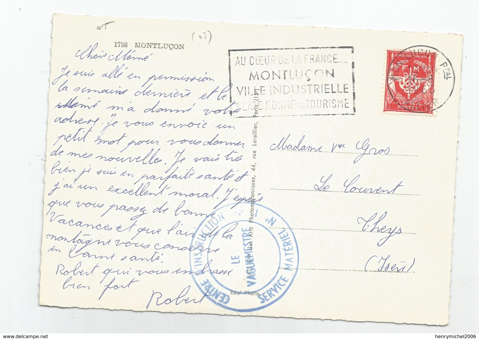 Marcophilie - Allier - 03 - Montluçon Cachet Militaire Centre D'instruction N1 Service Matériel N1 Timbre Fm 1963 - Military Postmarks From 1900 (out Of Wars Periods)