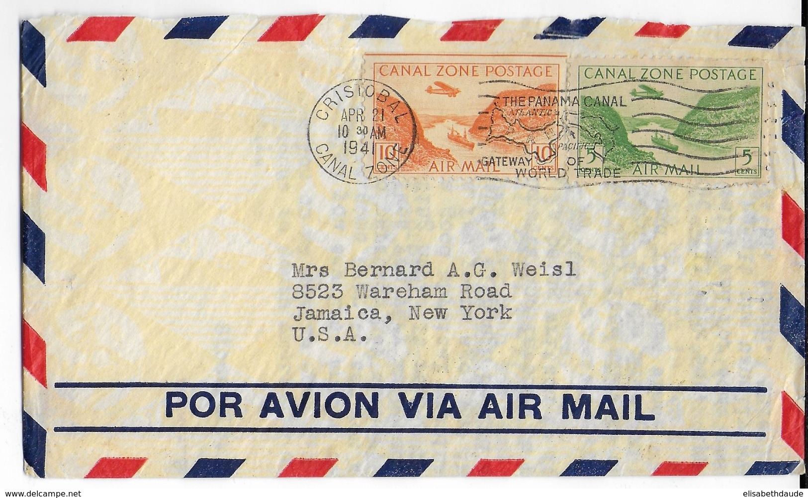 PANAMA CANAL ZONE - 1941 - ENVELOPPE AIRMAIL De CRISTOBAL => USA - MARITIME : PAQUEBOT "SS SANTA LUCIA" - Panama