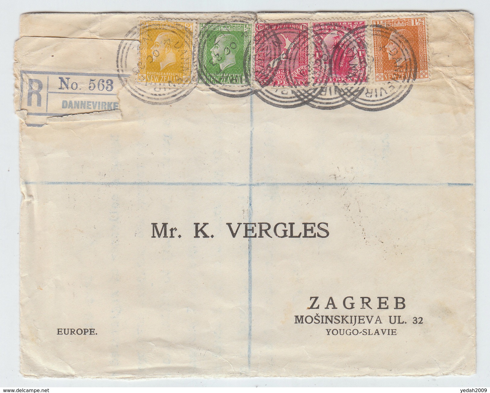 New Zealand/Yugoslavia REGISTERED COVER 1923 - Cartas & Documentos