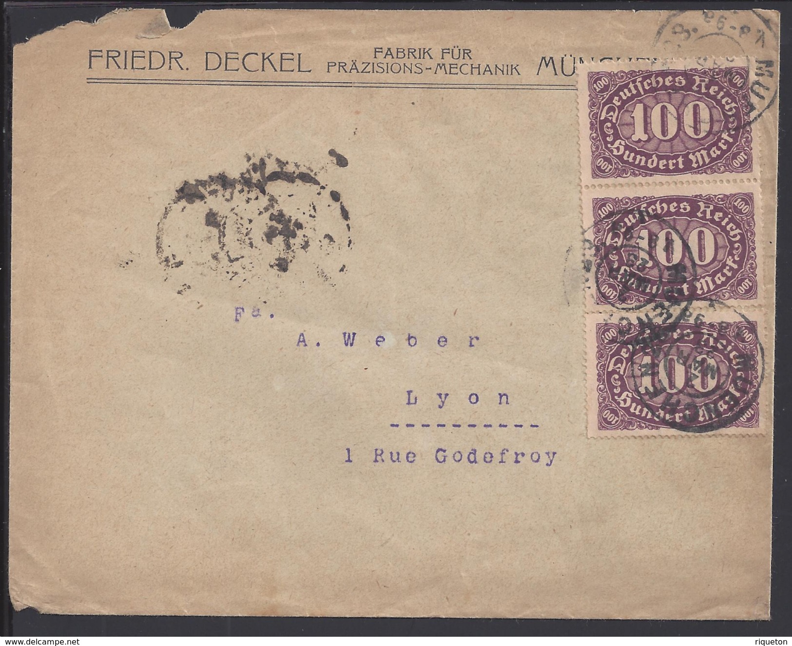 ALLEMAGNE - 1923 - Pèriode Inflation - Enveloppe Affranchie à 300 Mark De Muenchen Vers Lyon - FR - - Cartas & Documentos