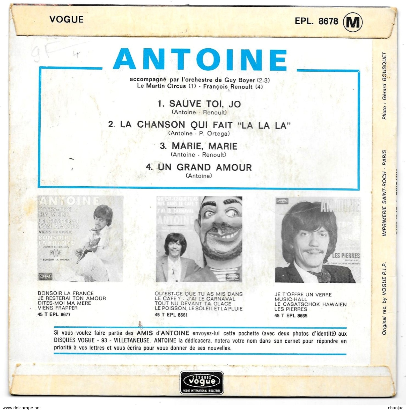 45t - ANTOINE - Sauve Toi Jo + 3 - Vogue 8678 - 1969 - Autres - Musique Française