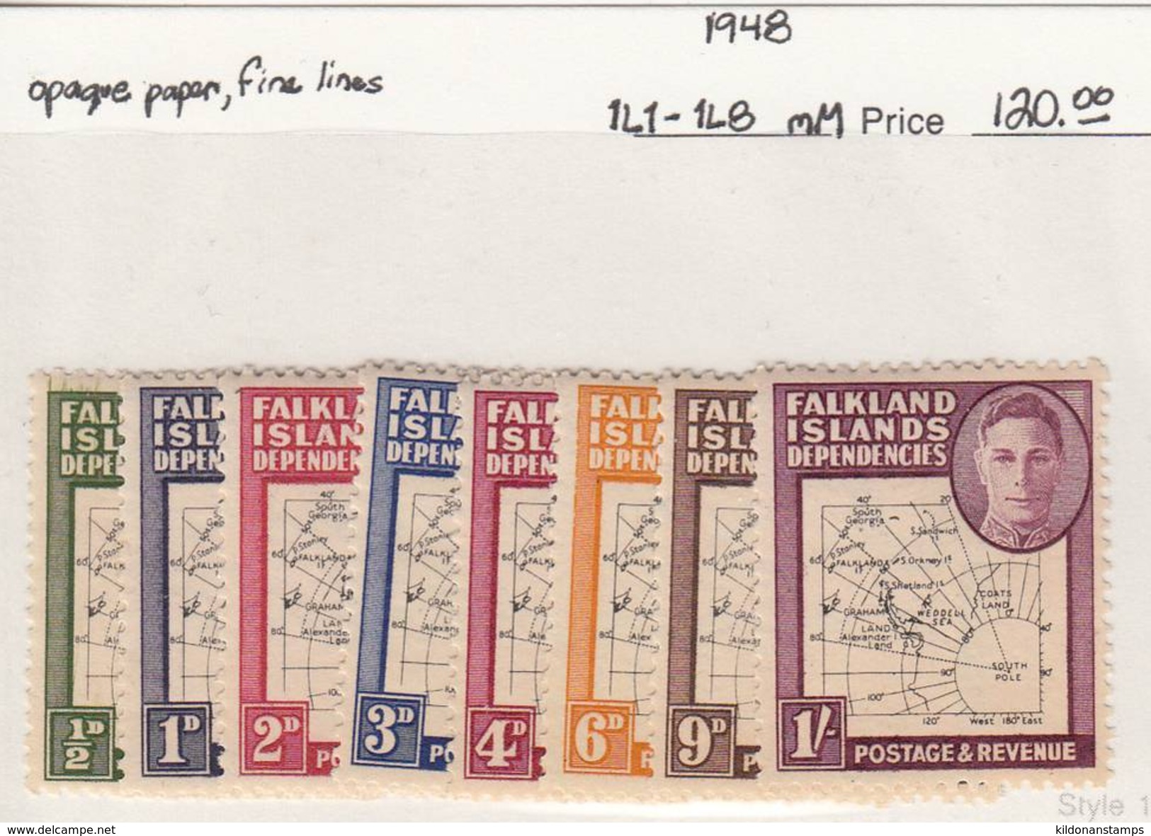 Falkland Islands Dep. 1948 Opaque Paper, Fine Lines, Full Set, Mint Mounted, Sc# 1L1-1L8, SG G9-G16 - Falkland
