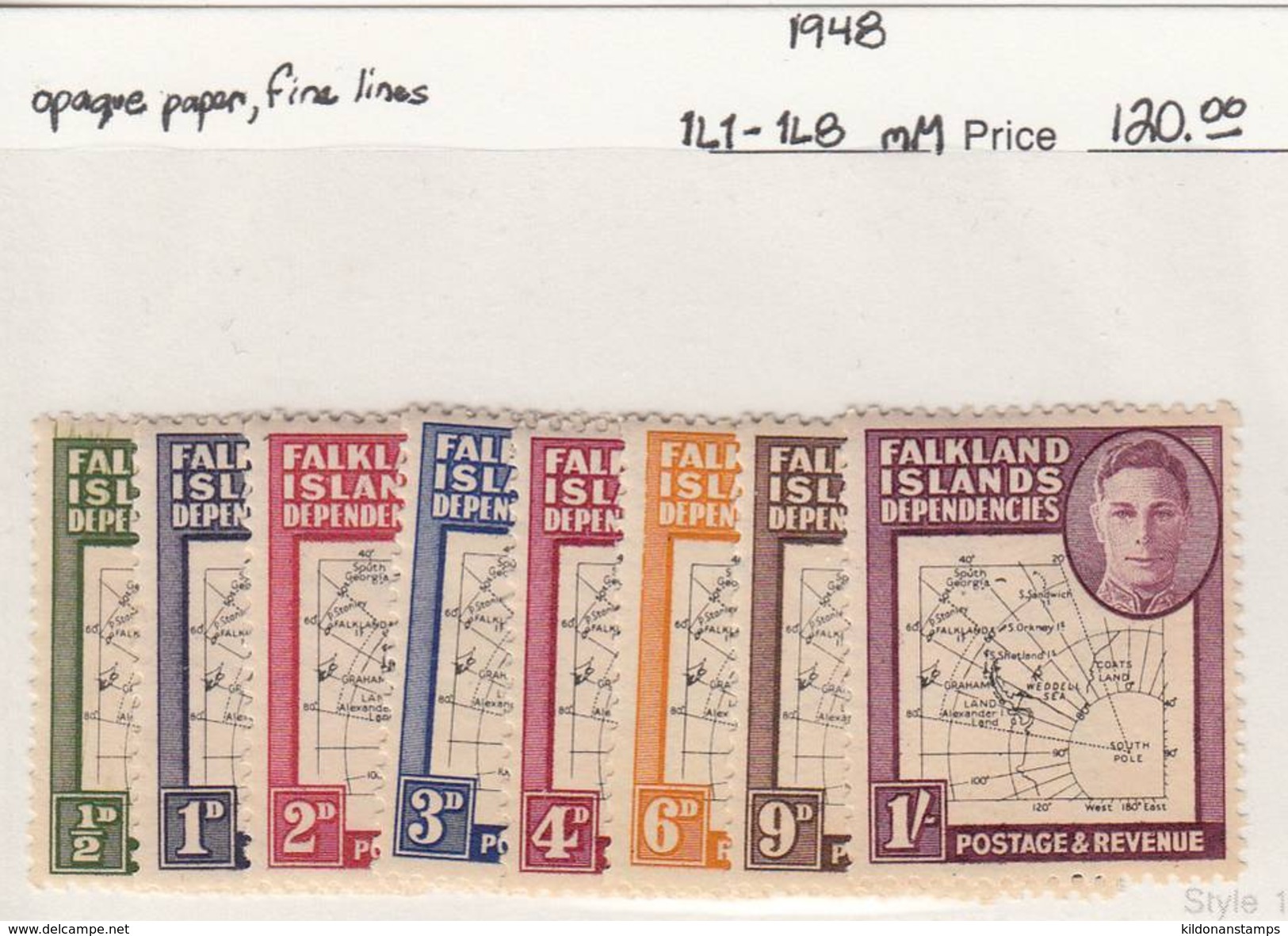 Falkland Islands Dep. 1948 Opaque Paper, Fine Lines, Full Set, Mint Mounted, Sc# 1L1-1L8, SG G9-G16 - Falklandinseln