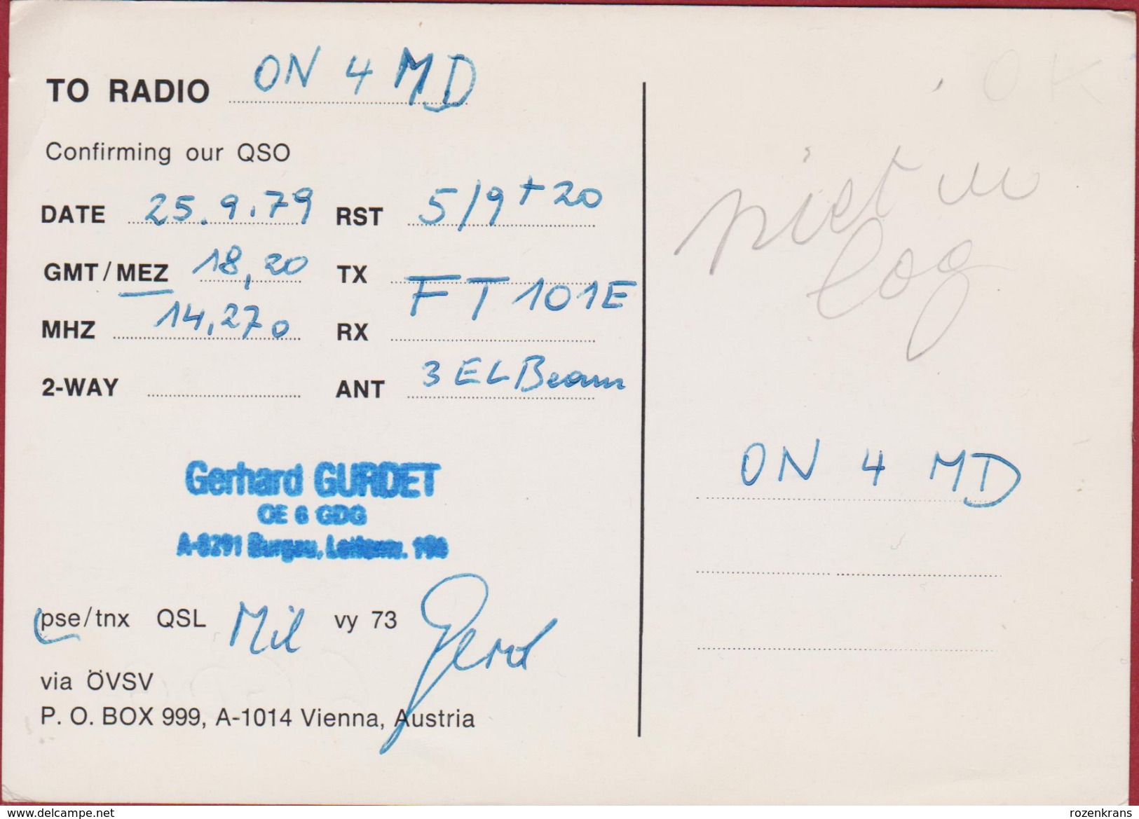 QSL Card Amateur Radio Station Oostenrijk Austria Österreich Autriche Vienne  Vienna OVSV 1979 - Radio Amateur