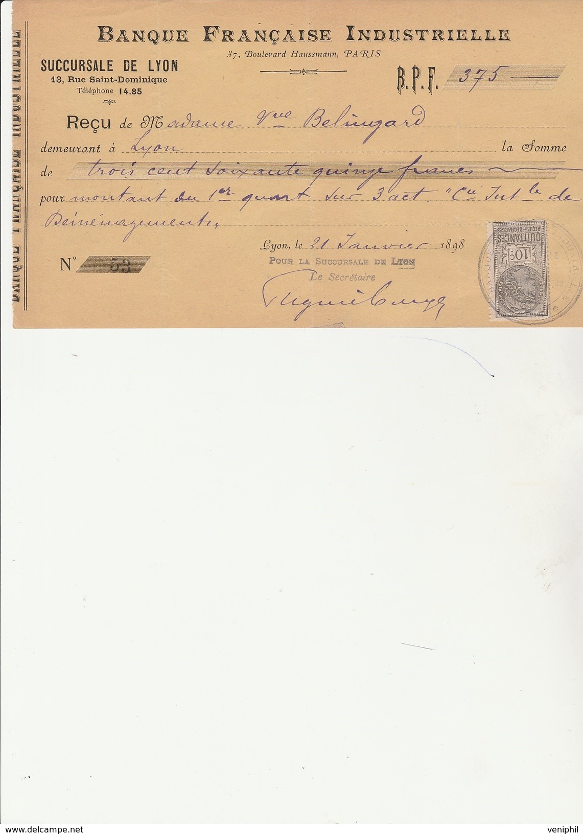 TRAITE BANQUE FRANCAISE INDUSTRIELLE -SUCCURSALE DE LYON  -ANNEE 1898 - Lettres De Change