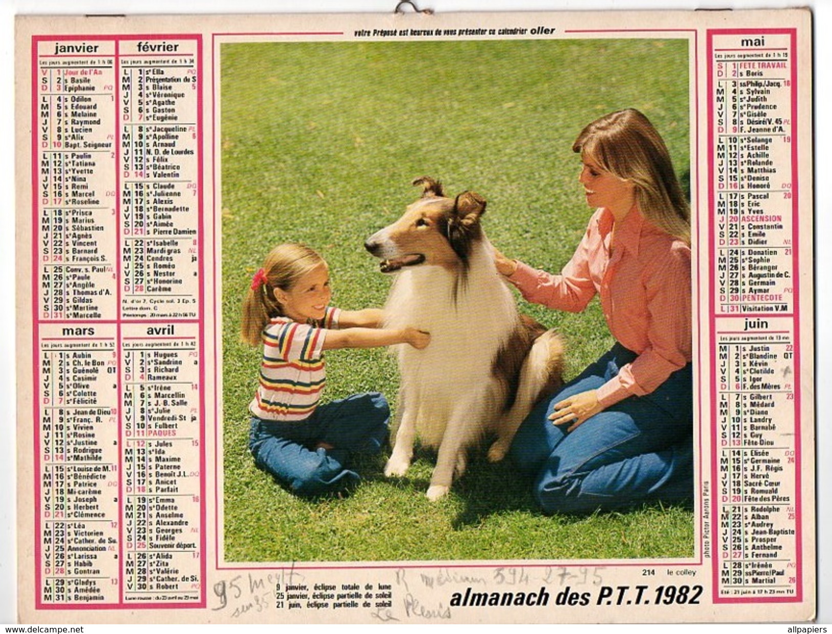 Calendrier Almanach Des P.T.T De 1982 Photo D'un Colley - Complet De La Région Parisienne - Tamaño Grande : 1981-90