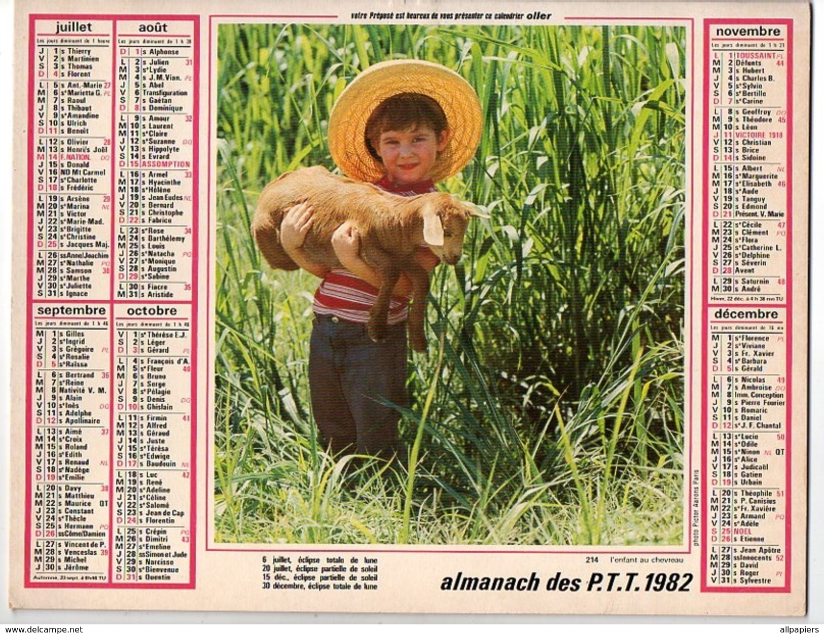 Calendrier Almanach Des P.T.T De 1982 Photo D'un Colley - Complet De La Région Parisienne - Tamaño Grande : 1981-90