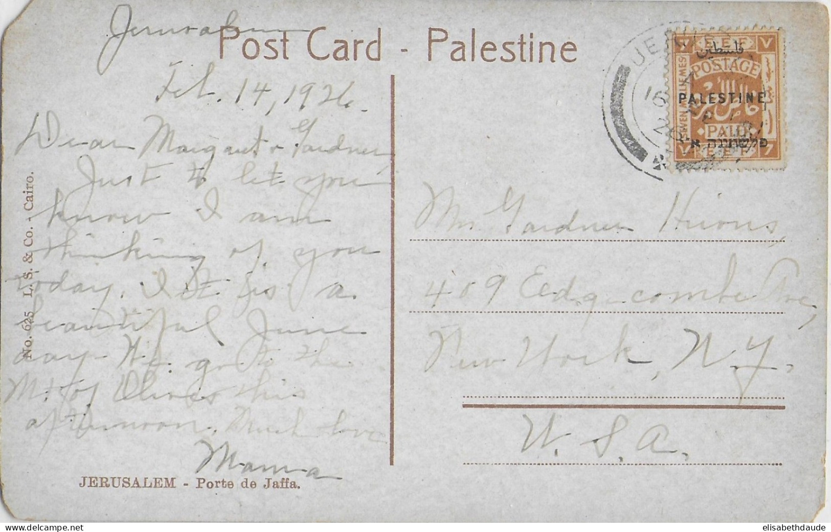 PALESTINE - 1926 - CARTE POSTALE De JERUSALEM => NEW-YORK (USA) - Palestine