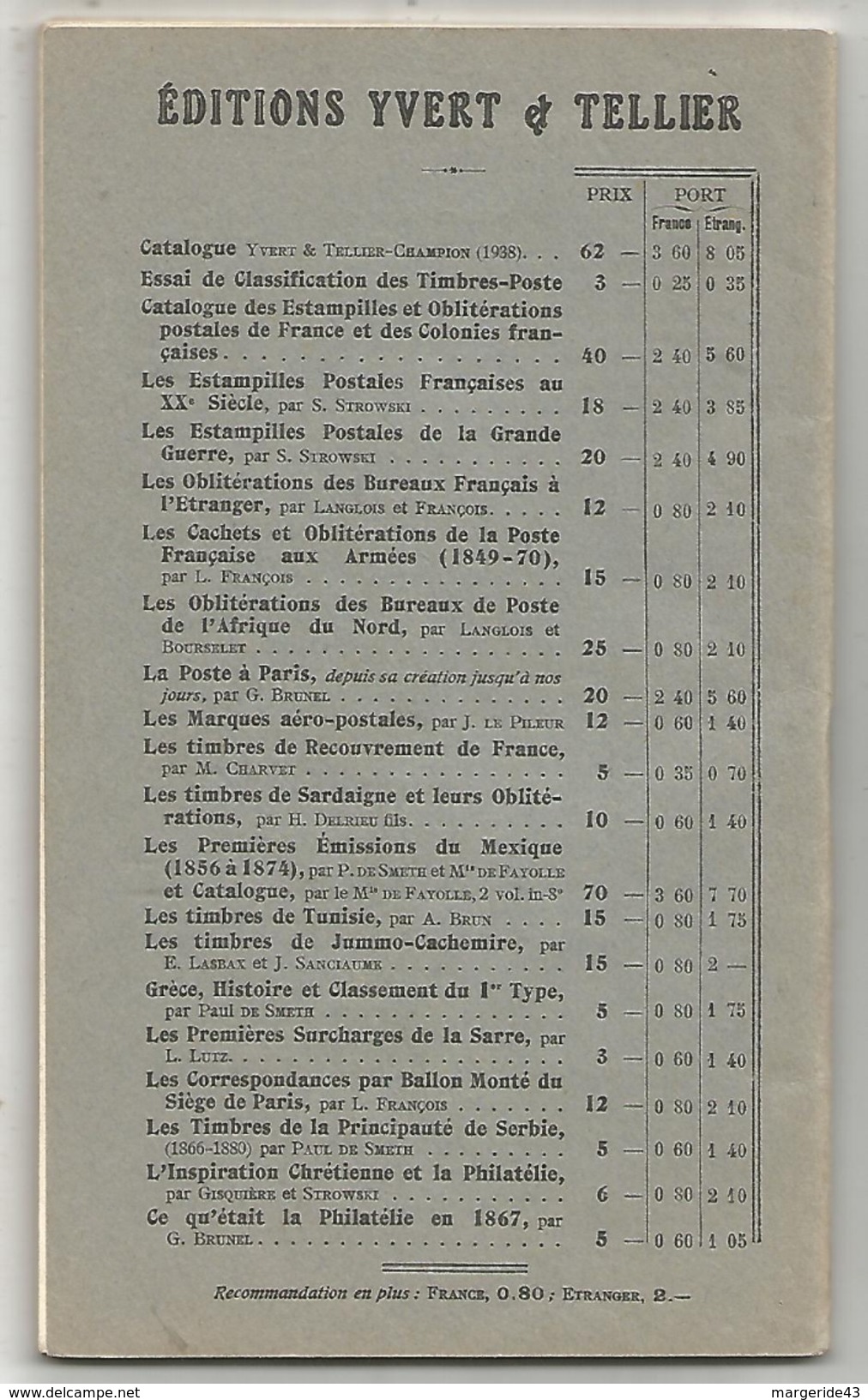 PRIX COURANT ALBUMS YVERT ET TELLIER AOUT 1937 - Catálogos De Casas De Ventas