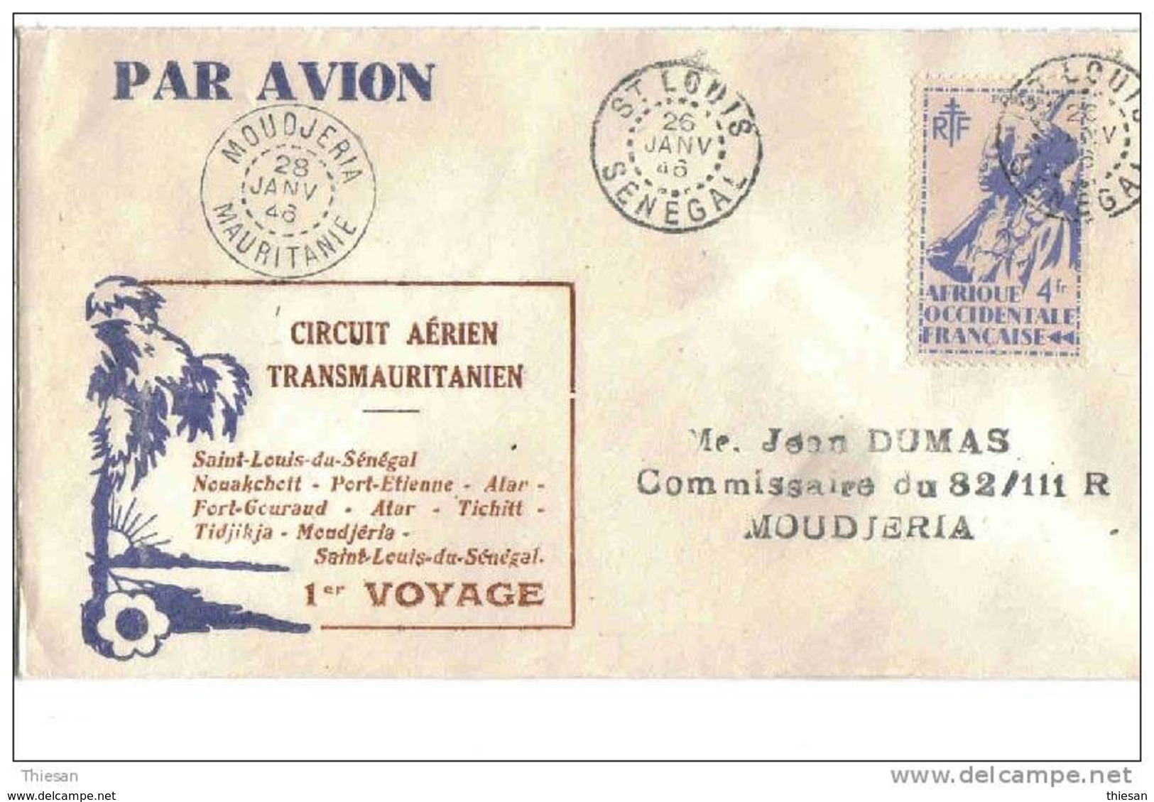 Mauritanie Senegal Lettre Avion Circuit Transmauritanien St Louis Pour Moudjeria 1946 Airmail Cover Aerophilatelie - Brieven En Documenten