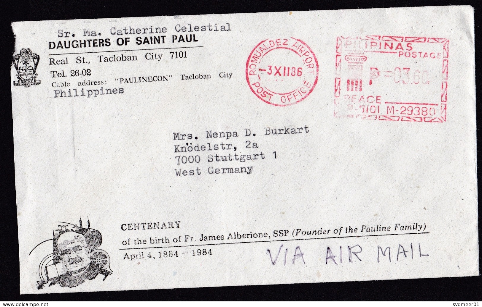 Philippines: Airmail Cover To Germany, 1986, Meter Cancel Romualdez Airport Post Office (minor Damage) - Filippijnen