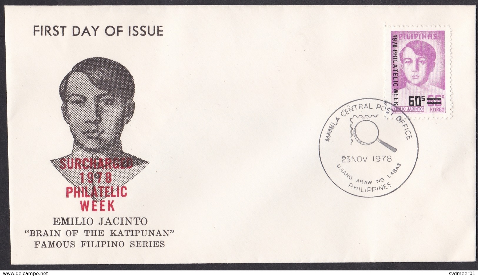 Philippines: FDC First Day Cover, 1978, 1 Stamp, Emilio Jacinto, Overprint Philatelic Week, Surcharged (traces Of Use) - Filippijnen