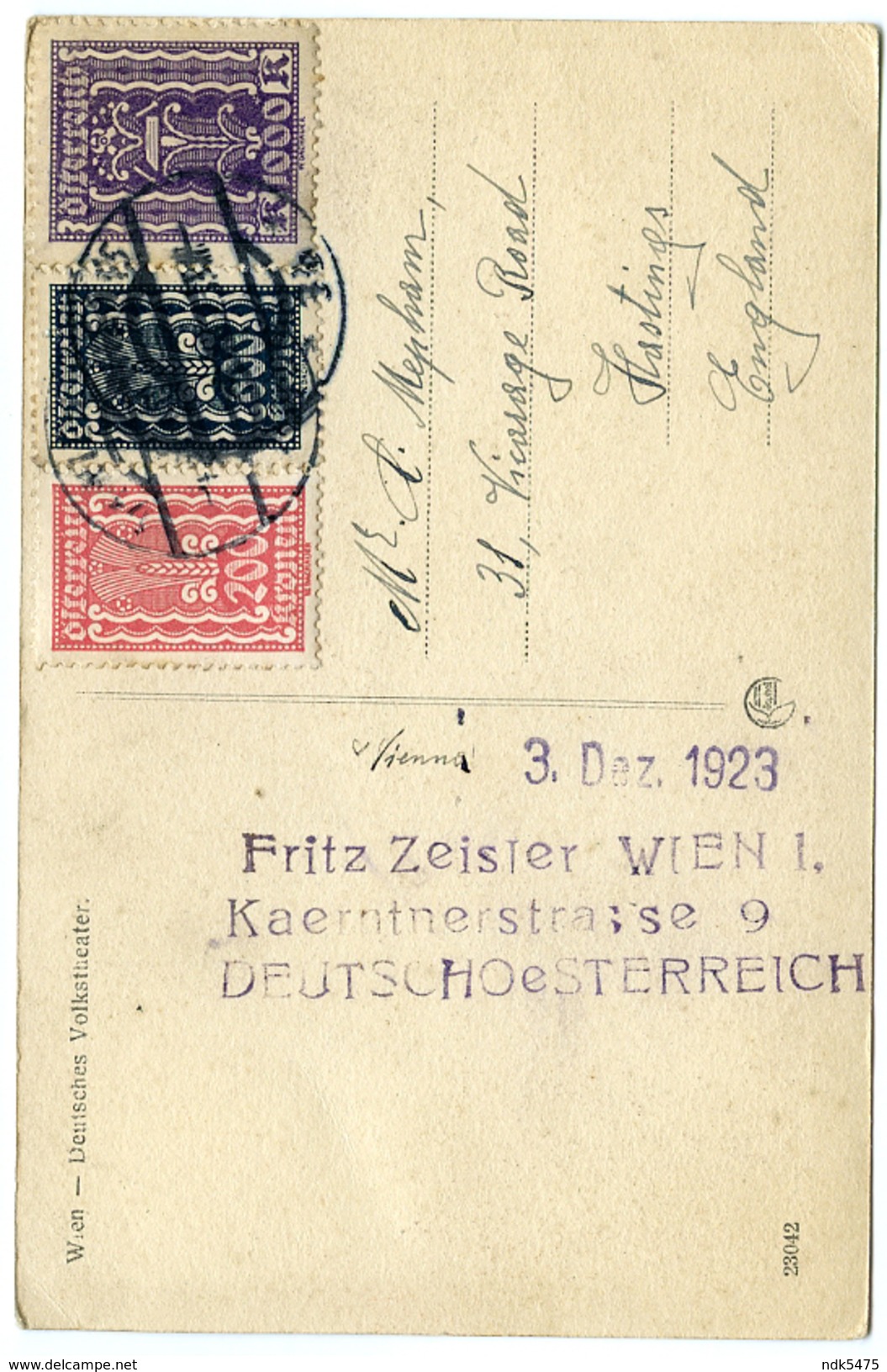 AUTRICHE : WIEN - DEUTSCHES VOLKSTHEATER / FRITZ ZEISLER - KAERNTNERSTRASSE (1923) / ADDRESS - HASTINGS, VICARAGE ROAD - Vienna Center