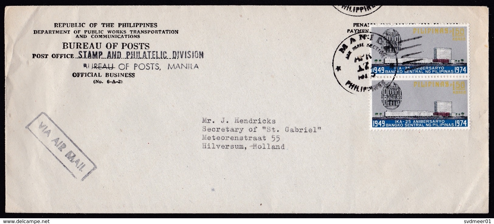 Philippines: Official Airmail Cover To Netherlands, 1975, 2 Stamps, Central Bank Building, Architecture (traces Of Use) - Filippijnen