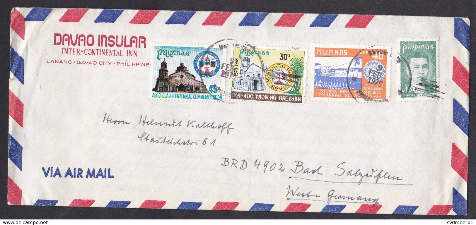 Philippines: Airmail Cover To Germany, 1979, 4 Stamps, Church, Irrigation, From Inter Continental Hotel (traces Of Use) - Filippijnen