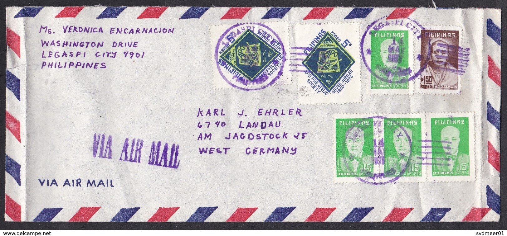 Philippines: Airmail Cover To Germany, 1977, 7 Stamps, Philately, Famous Persons (minor Damage, See Scan) - Filippijnen