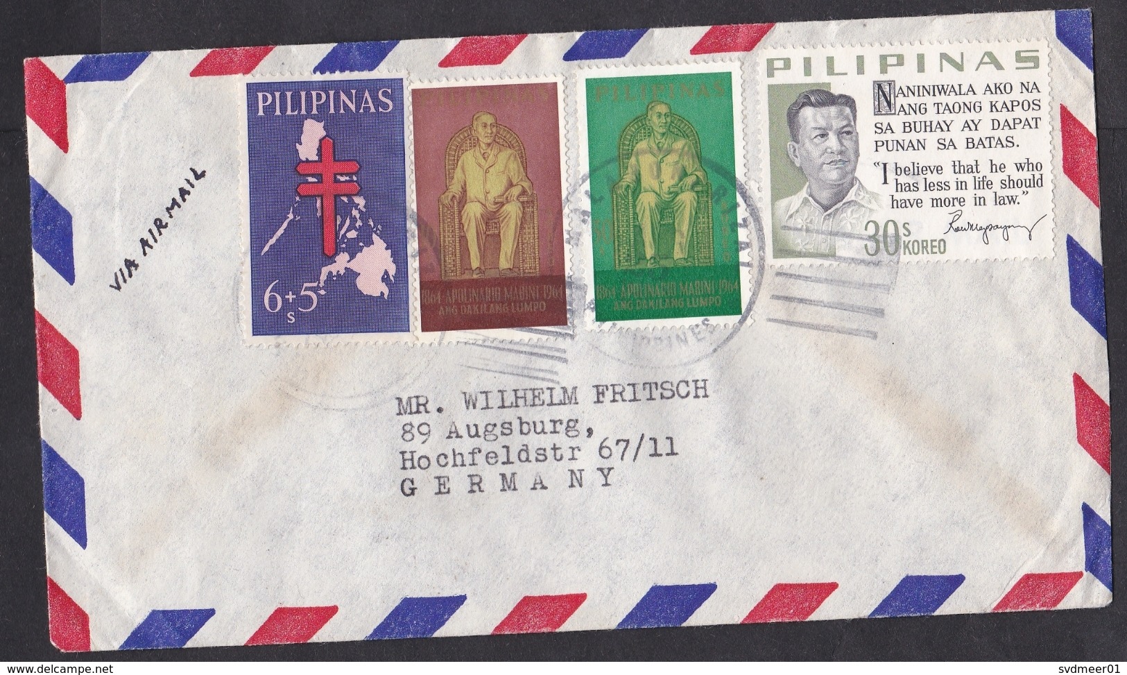 Philippines: Airmail Cover To Germany, 4 Stamps, TB Charity, President (discolouring, See Scan) - Filippijnen