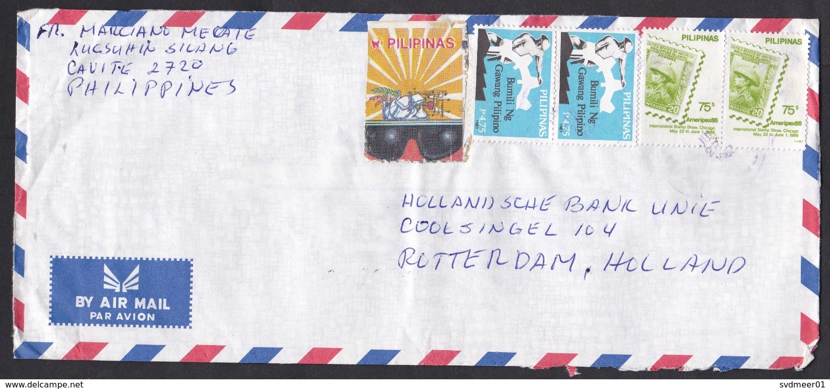 Philippines: Airmail Cover To Netherlands 1985, 4 Stamps, Fake Stamp (fraud?), Ameripex Philately (rough Opened 3 Sides) - Filippijnen