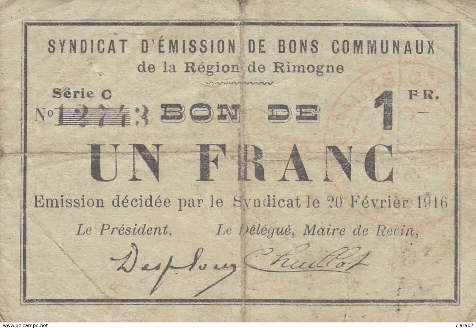 SYNDICAT D"ÉMISSION DE BONS COMMUNAUX REGION RIMOGNE UN FRANC 1 F DU 20 FEVRIER 1916 - Bons & Nécessité