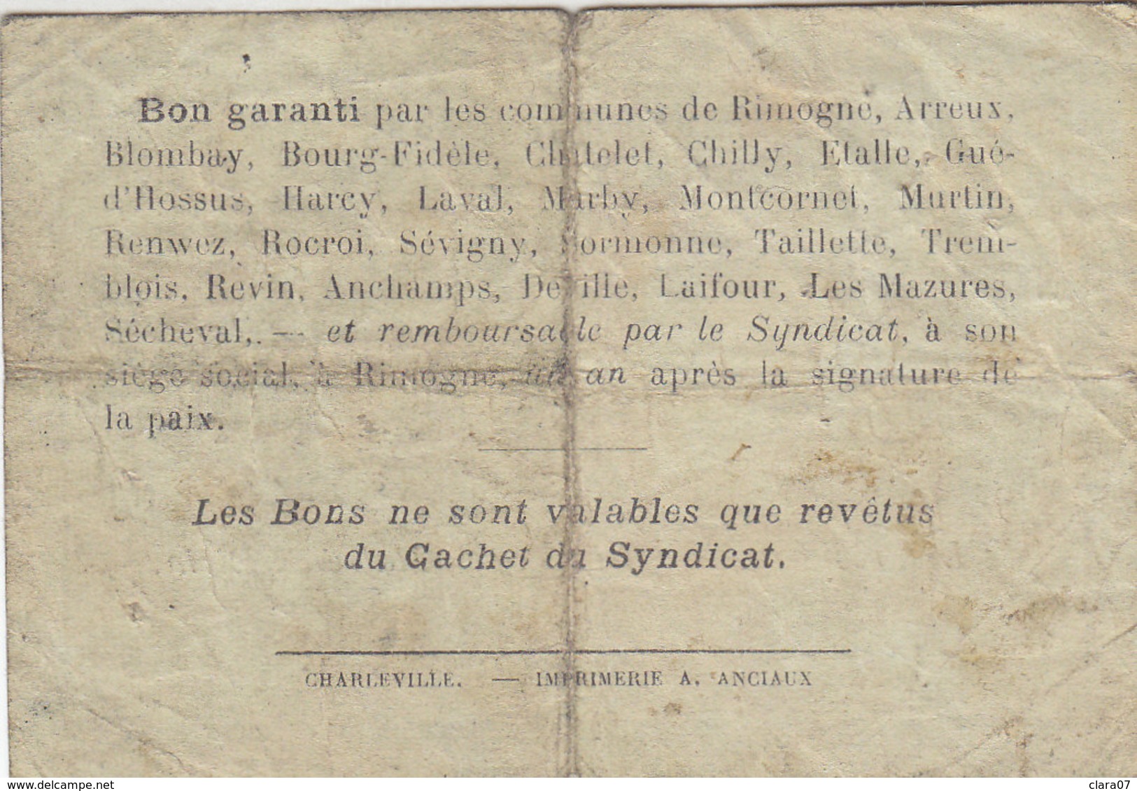 SYNDICAT D"ÉMISSION DE BONS COMMUNAUX REGION RIMOGNE UN FRANC 1 F DU 20 FEVRIER 1916 - Bons & Nécessité