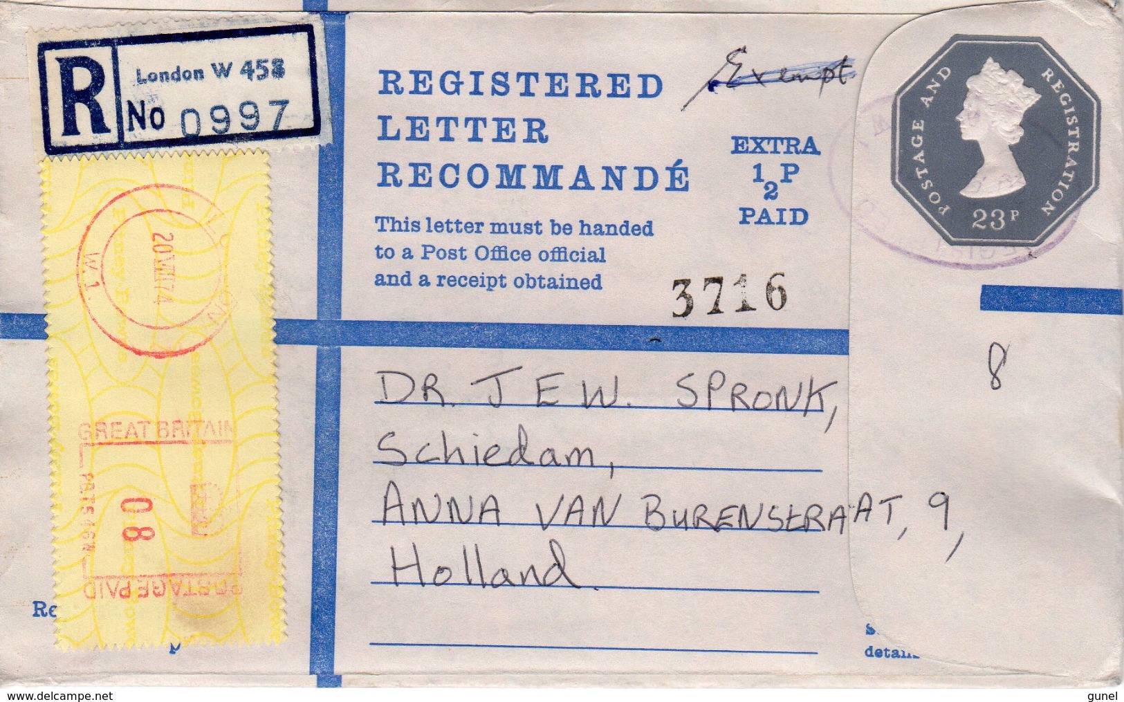 20.VII1974 Registered Letter With Extra 1/2 P PAID From London To SCHIEDAM With Additiv Yellow Stroke  And Green Customs - Postwaardestukken