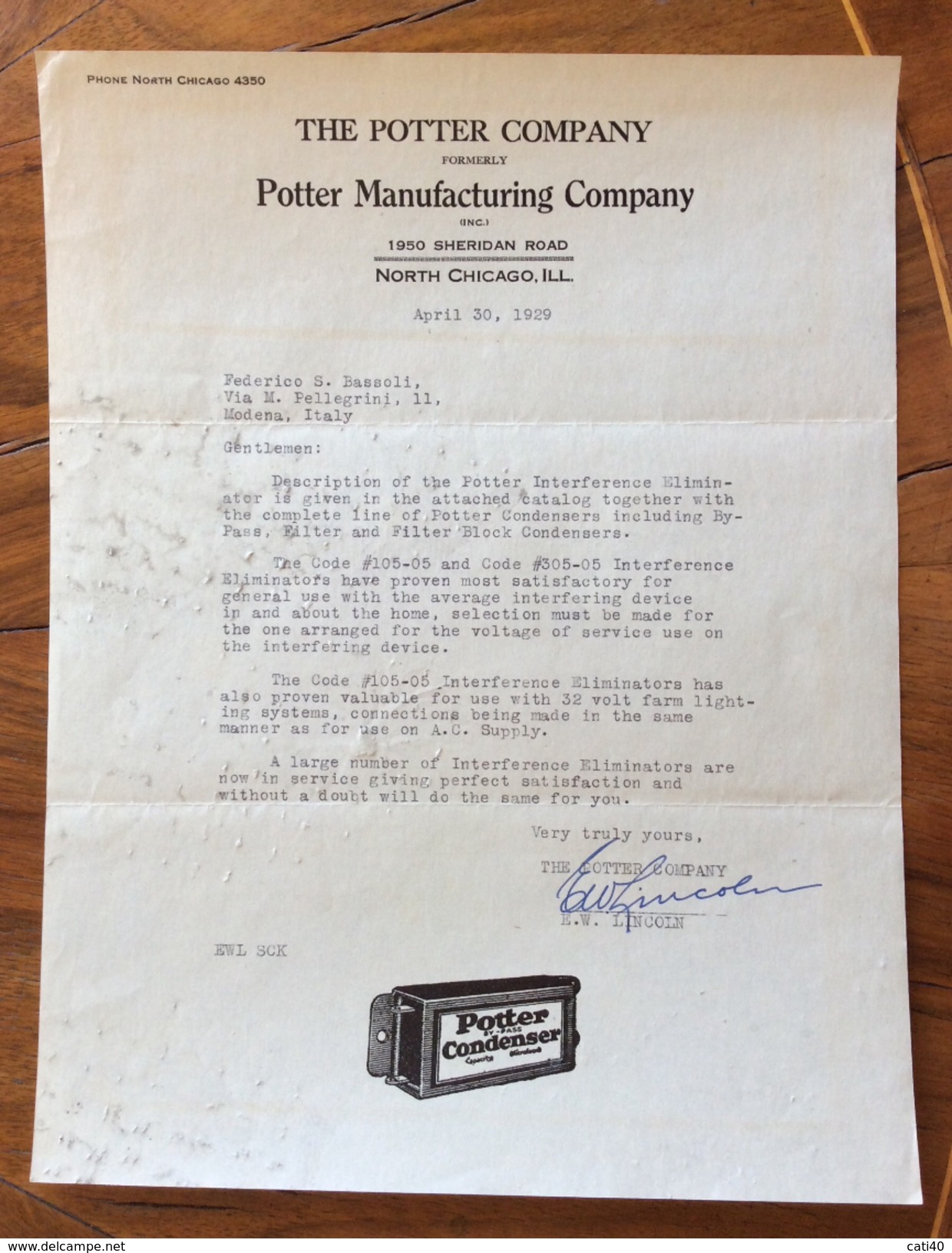 THE POTTER COMPANY POTTER MANUFACTURING COMPANY  CHICAGO - MILANO. IL 30/4/1929 - USA