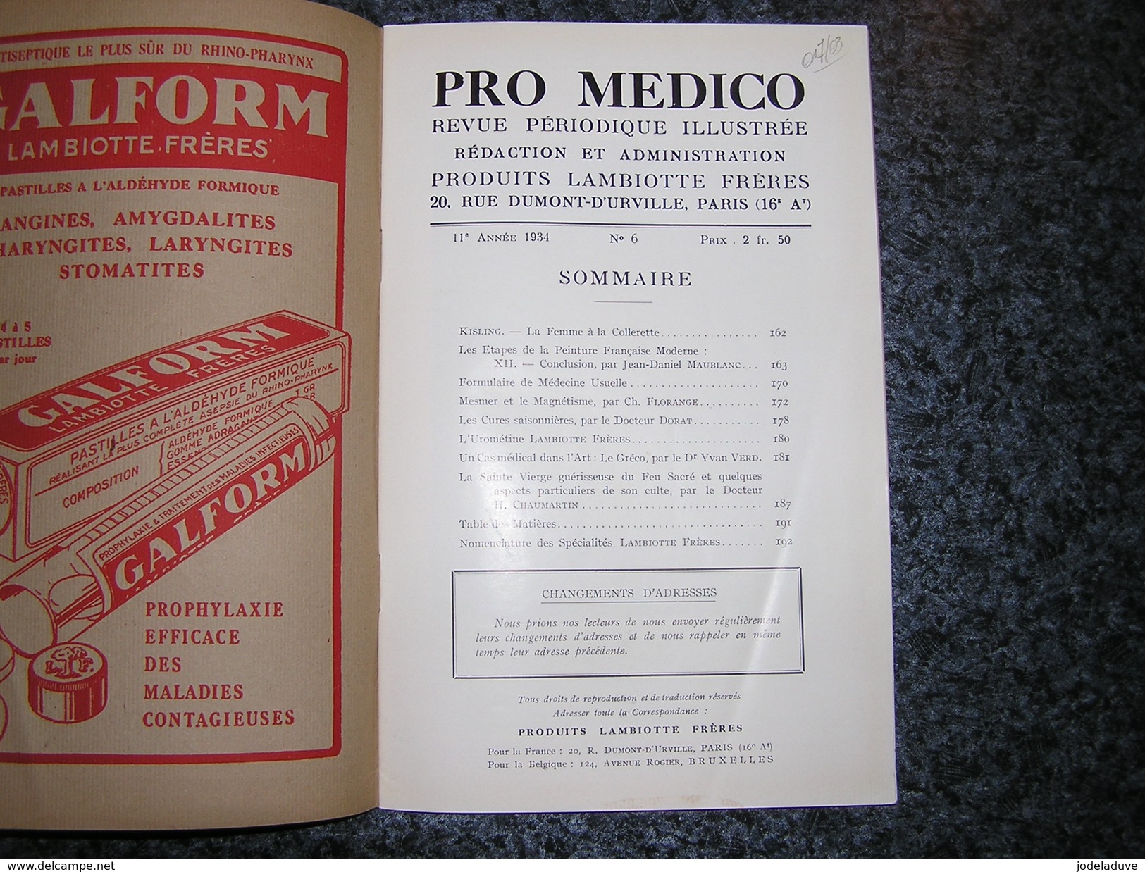 PRO MEDICO Revue N° 6 Année 1934 Lambiotte Médecine Peinture Mesmer Magnétisme Sainte Vierge Guérisseuse - Geschiedenis