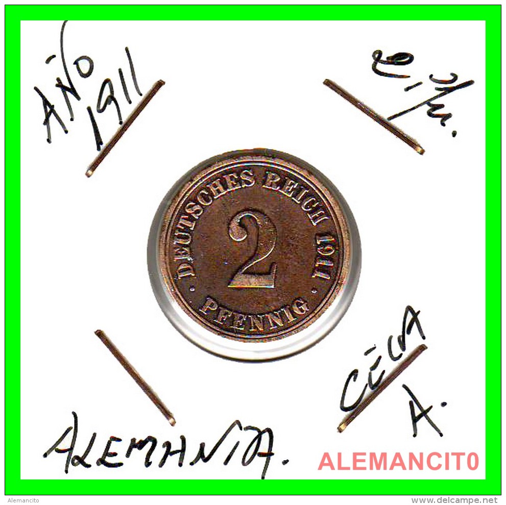 GERMANY - IMPERIO - DEUTSCHES REICH - 2 Pfn. AÑO 1911-A - Copper, 20 Mm - 2 Pfennig